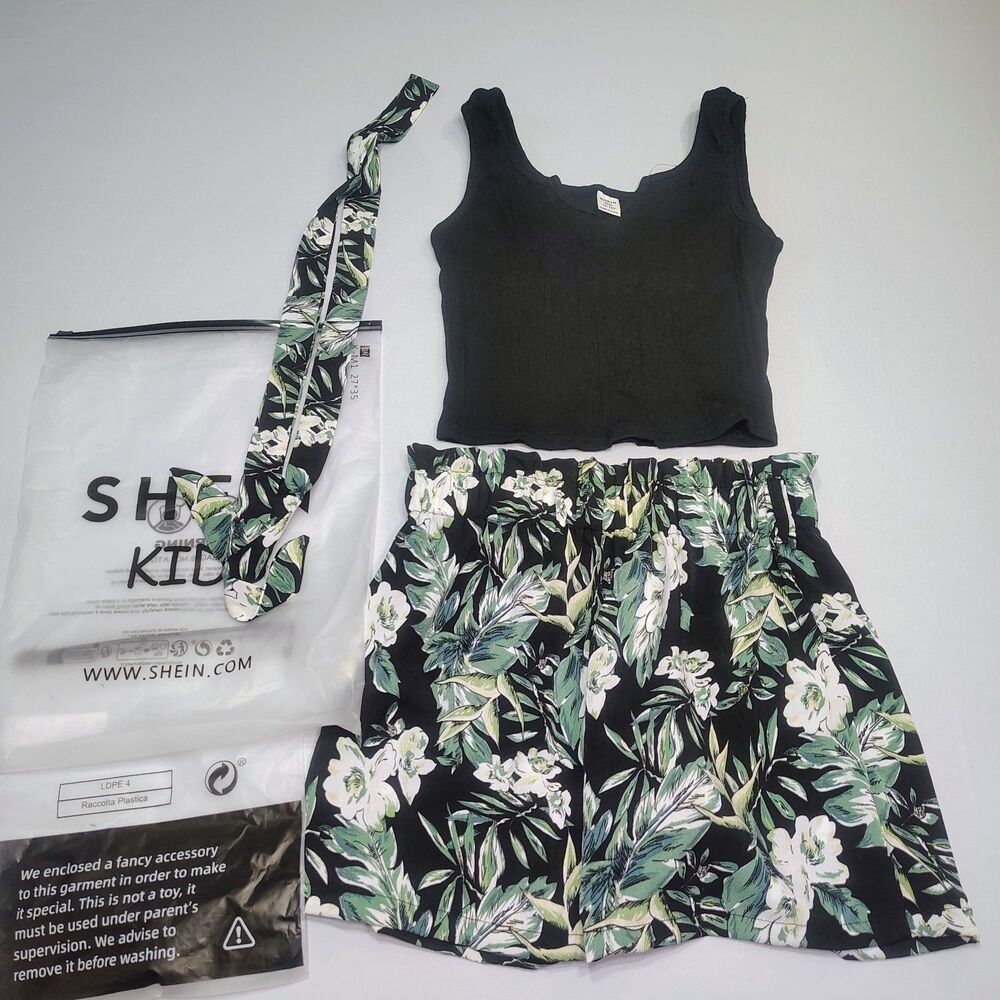 NEW Shein Kids Black & Green Floral 3 Piece Summer Outfit Girls Sz 12-13Y Cute